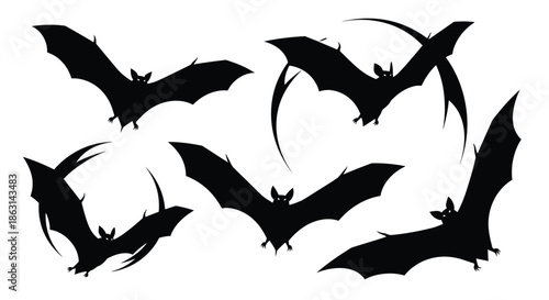 Set of black bat silhouettes in various flying positions with spread wings designed for halloween or wildlife themes.