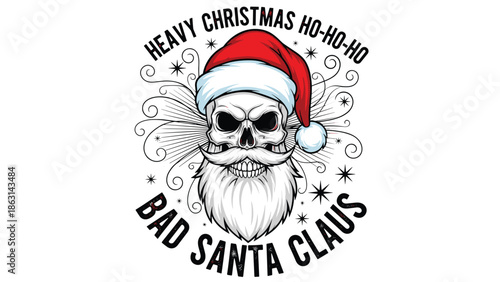 Edgy Bad Santa Claus logo features a realistic human skull wearing a red holiday hat with a full white beard and festive decorative swirls.