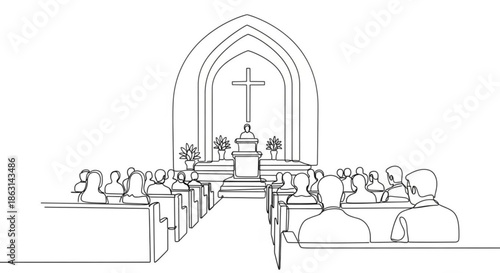 Outline of church service with congregation sitting in pews  