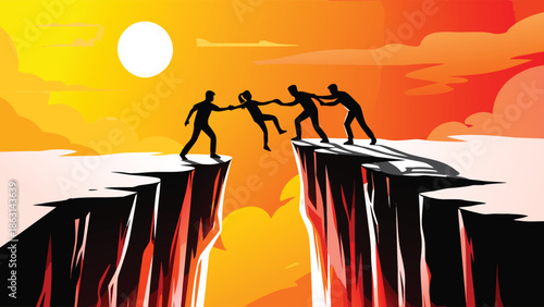 Teamwork Concept Silhouette Helping Hand Crossing Cliff Gap Sunset