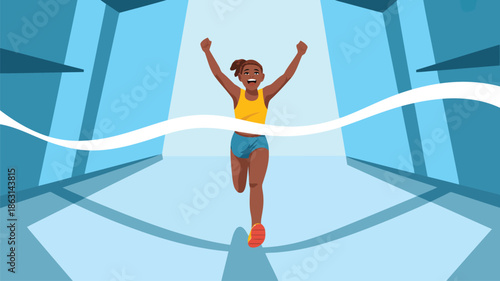 An excited woman runner crosses the finish line with arms raised in victory