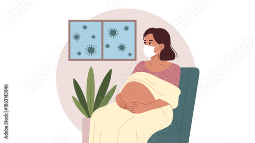 An expectant mother wears a face mask sitting while cradling her pregnant belly with viruses outside a window