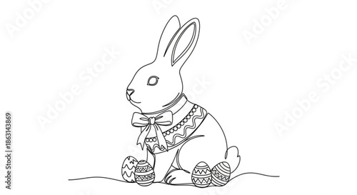 Easter Bunny sitting with decorated eggs and ribbon around neck  