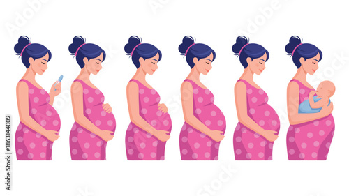 A womans journey from early pregnancy to motherhood holding her newborn baby