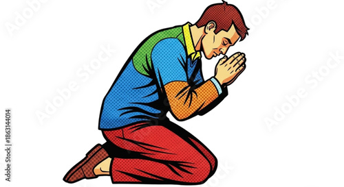 Man kneeling in prayer with hands clasped in front of him  