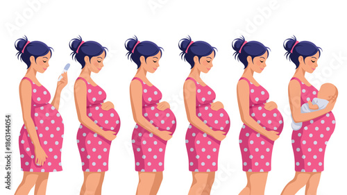 A womans journey from early pregnancy to motherhood holding her newborn baby