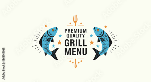 Retro style seafood grill menu logo featuring two symmetric blue fish and a central fork icon on a cream background.