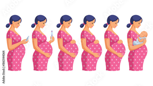 A womans journey from early pregnancy to motherhood holding her newborn baby