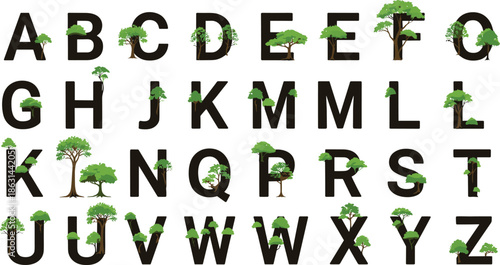 Nature Inspired Alphabet Letter Set with Tree and Leaf Elements for Eco Branding, Education, Posters, Logos, and Creative Typography Designs