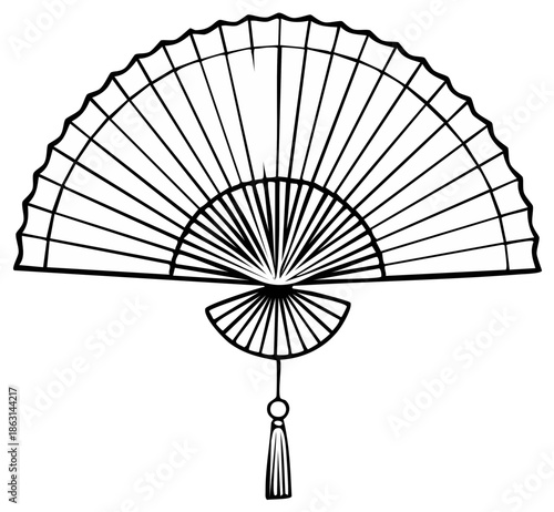 Black and white hand fan illustration, traditional Asian design, line art