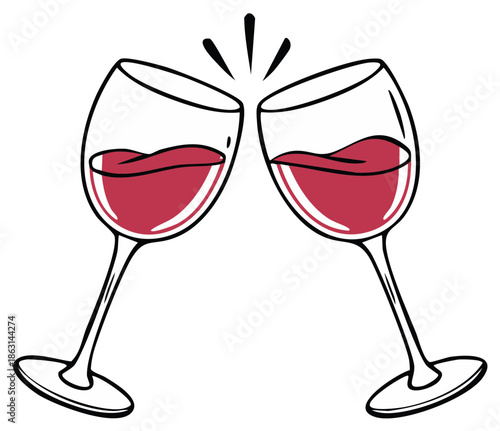 Two wine glasses filled with red wine clinking together in celebration with sparkling lines