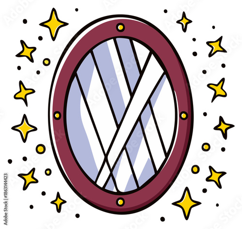 Magic oval mirror surrounded by shimmering stars emitting sparkle and fantasy