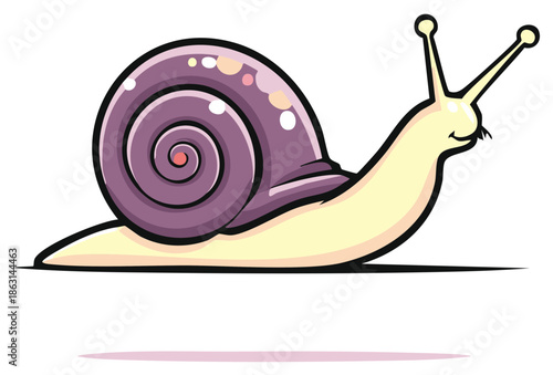 Stylized Cartoon Snail with Purple Shell Crawling Across White Backdrop