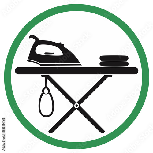 Household laundry ironing service icon with electric iron, board, and folded clothes silhouette
