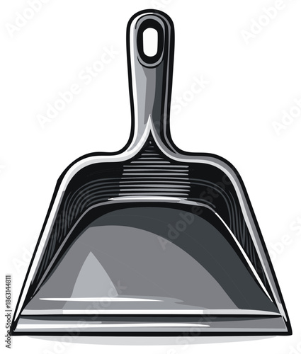 Silver dustpan with a wide opening and ergonomic handle for cleaning debris