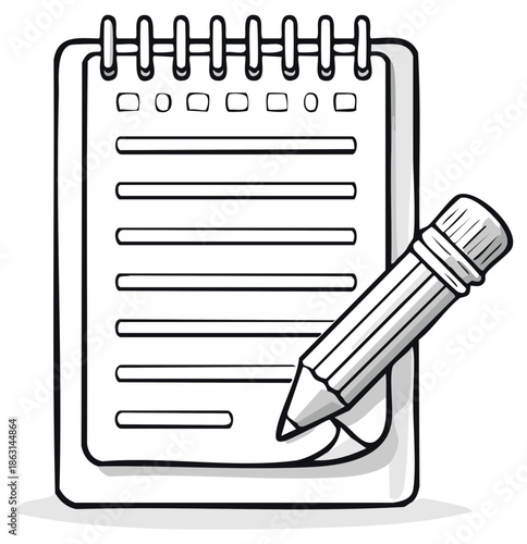 Spiral notebook and pencil sketch cartoon illustration for notes or drawing