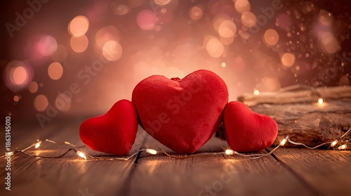 Romantic Red Hearts Still Life with Fairy Lights and Bokeh Background