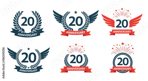 Collection of 20th anniversary logos featuring laurel wreaths, spread wings, and festive fireworks in various professional designs.