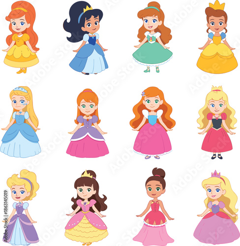 Cute cartoon princess characters set, adorable royal girls illustration, colorful dresses collection, fairytale clipart, children design, kawaii style graphics, pack