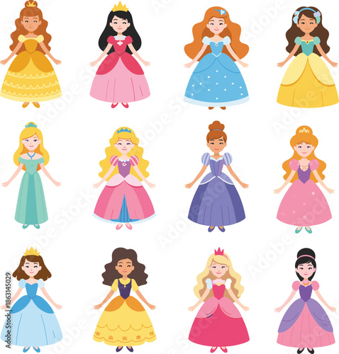 Cute cartoon princess characters set, adorable royal girls illustration, colorful dresses collection, fairytale clipart, children design, kawaii style graphics, pack