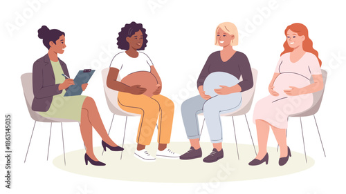 Diverse expectant mothers participate in a friendly group counseling session led by a compassionate female therapist