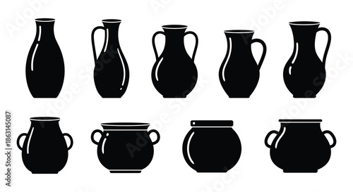 A collection of various black silhouette pottery and ceramic vessel shapes