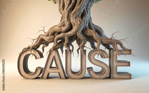 3D cause word with a tree root. Root cause analysis RCA, identify problem, business presentation. 