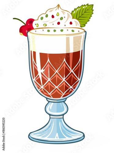 Elegant glass goblet filled with rich red dessert, topped with whipped cream, sprinkles, cherry and mint leaf