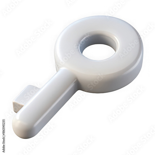 Single white key with circular hole and extended stem isolated on transparent background