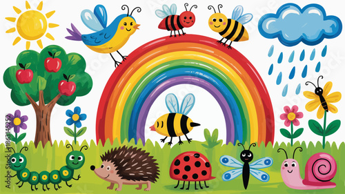Colorful drawing with a playful ensemble of garden creatures under a bright rainbow and sunny sky