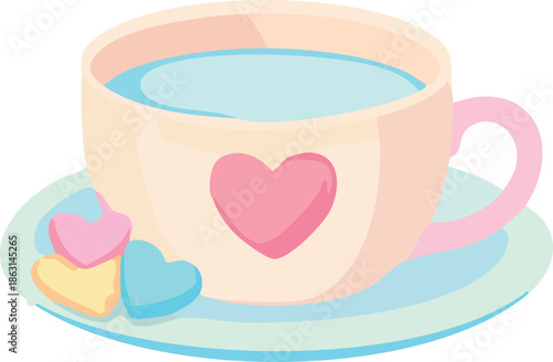 A pastel flat illustration shows a cute teacup with a pink heart on it, filled with a light blue drink and resting on a saucer decorated with small heart-shaped candies.