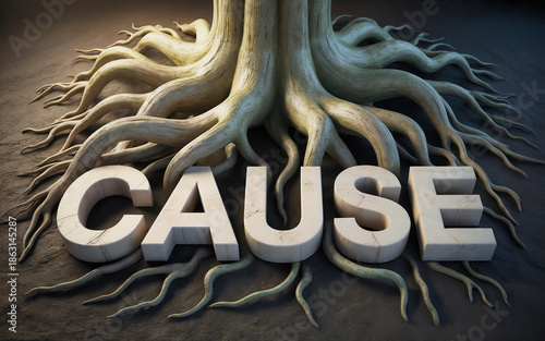 3D cause word with a tree root. Root cause analysis RCA, identify problem, business presentation. 