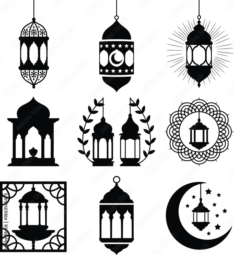 Obraz premium Islamic Lanterns Collection Festive Traditional Decorative Black Silhouette Graphic Vector Illustration Set for Ramadan Eid Mubarak Holiday Design