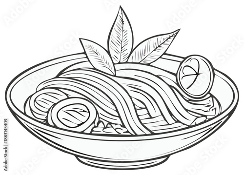 Line art illustration of a Japanese ramen noodle soup bowl with egg and garnish