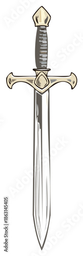Illustrative Medieval Sword with Ornate Hilt and Sharp Blade in a Stylized Drawing