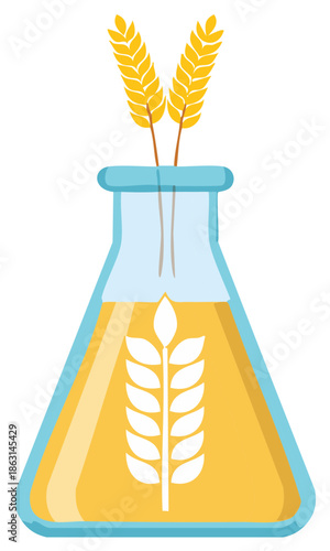 Golden wheat stalks in an Erlenmeyer flask with liquid and an icon for agritech and food science concepts