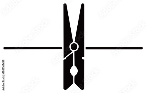 Black and white silhouette illustration of clothespin holding clothes line with minimalism