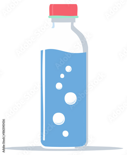 Simple graphic illustration of a clear plastic bottle filled with refreshing blue liquid and fizzy bubbles