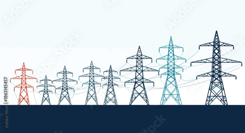 Silhouetted row of high-voltage power lines and electricity pylons of different sizes against a light gradient sky.