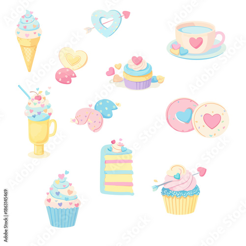 A cute pastel illustration set shows Valentine-themed desserts and treats including cupcakes, ice cream, cookies, cakes, drinks, and heart-shaped sweets