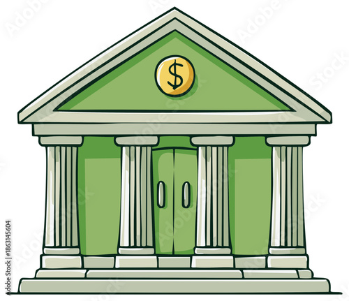 Classic bank building with columns and a dollar sign on a pediment