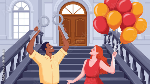 Happy couple holding giant keys and balloons on a grand staircase, celebrating new home ownership