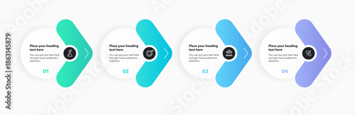 Arrow infographic process template with four colorful steps. Graphic diagram with numbers and icons for workflow layout, banner or web design.