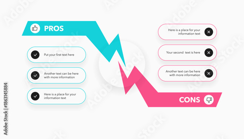 Simple pros and cons diagram on decision making process. Flat template for analyzing positive and negative comparison of something.