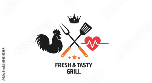 Creative grill logo featuring a rooster silhouette, a heart rhythm symbol, and crossed grilling tools under a crown icon.