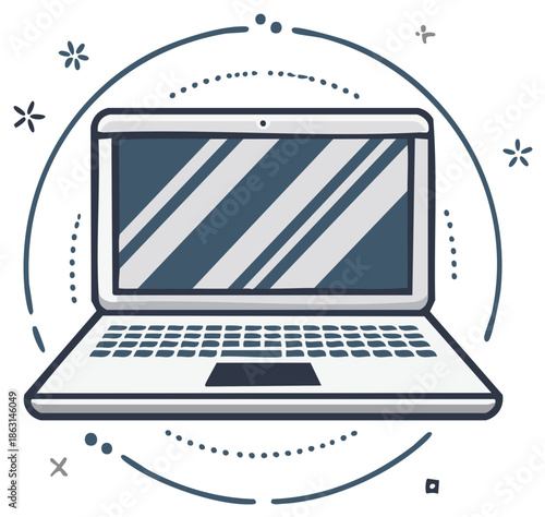 Modern laptop computer icon in a hand-drawn cartoon style vector illustration