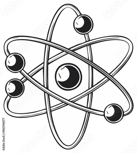 Stylized atomic structure diagram showing a central nucleus and orbiting electrons on elliptical paths