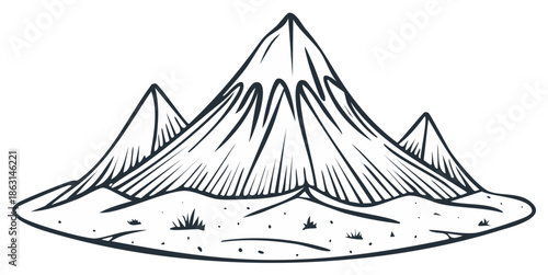 Stylized Sketch of Majestic Mountain Peaks and Rocky Terrain in Outline Style