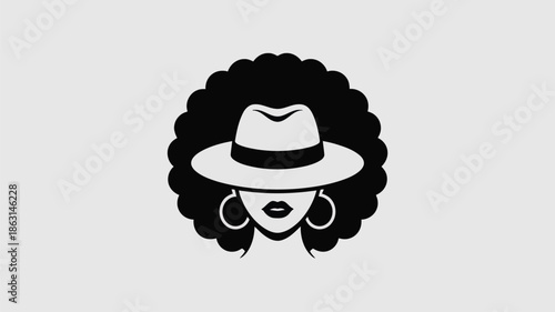 Iconic black and white graphic of a woman with a large afro hairstyle wearing a stylish fedora hat