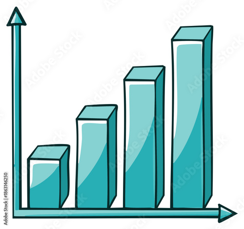 Hand Drawn Illustration of Teal Bar Graph Chart Showing Rising Trends and Increased Growth